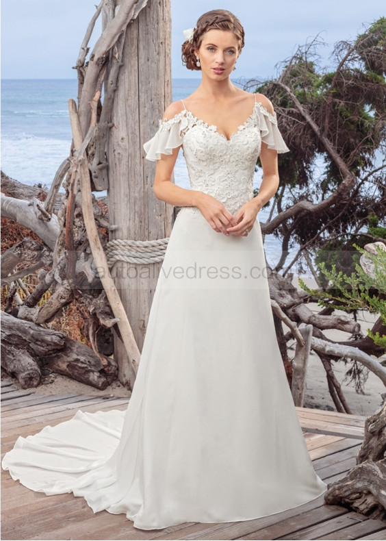 Cold Shoulder Beaded Ivory Lace Chiffon Boho Summer Wedding Dress Cold Shoulder Beaded Ivory Lace Chiffon Boho Summer Wedding Dress